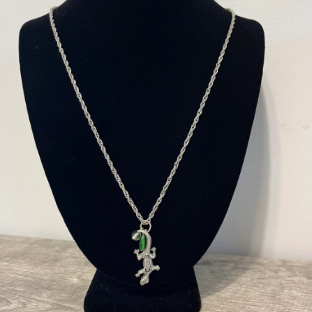 Lizard Necklace with Green Glass Bead Accents